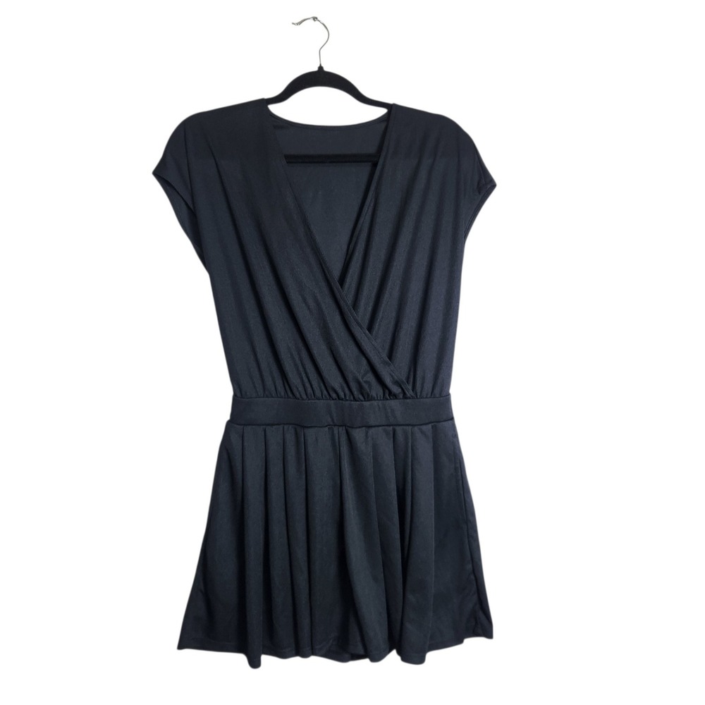 Halara Black Surplice V-Neck Cap Sleeve Waffle Knit Romper with Pockets Small